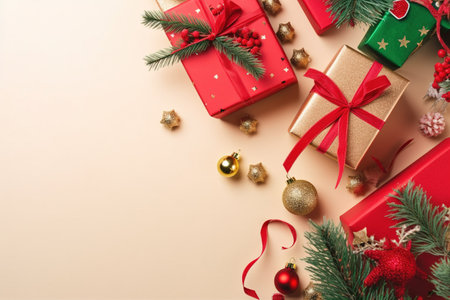 Christmas composition. Gifts, fir branchesrations on a beige background. Flat lay, top view, copy spaceの素材