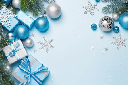 Christmas background with blue and silver decorations and gift boxes on blue backgroundの素材