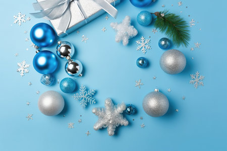 Christmas composition. Gifts, balls and snowflakes on blue background. Flat lay, top view, copy space.の素材