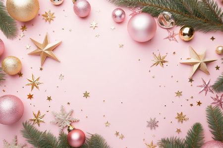 Christmas composition. Christmas decorations on pastel pink background. Flat lay, top view, copy space.の素材