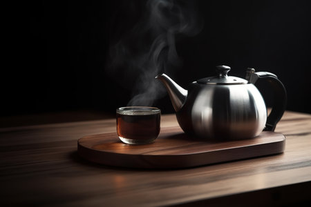 Teapot and cup of tea on wooden table in dark roomの素材