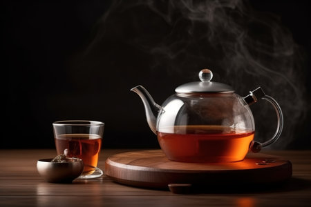 Teapot and cup of tea on a wooden table on a black backgroundの素材