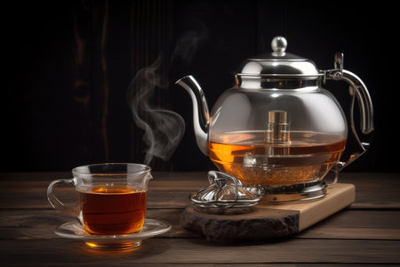 Teapot and cup of tea on a wooden table. Black background.の素材