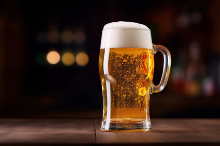 glass of beer on the wooden table in the bar, blurred backgroundの素材