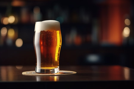 Glass of beer on a bar counter in a pub or restaurant.の素材