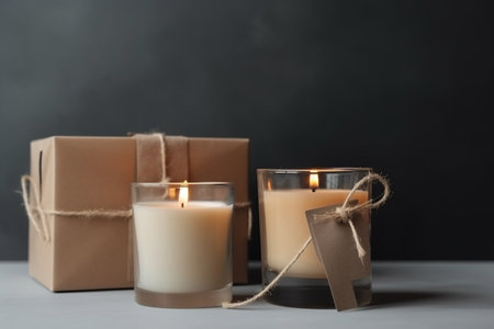 Burning candles with gift boxes on table against dark background, space for textの素材