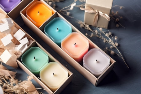 Colorful candles in a gift box on a blue background, top viewの素材