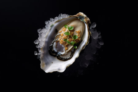 Fresh oyster with ice on black background, top view. Seafood conceptの素材