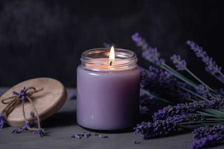 Lavender aroma candle with lavender flowers on dark background.の素材