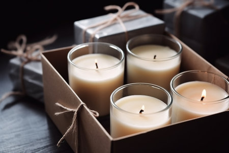 Burning candles in a gift box on a dark wooden background.の素材