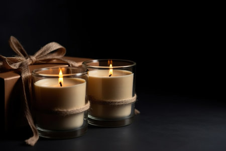 Burning candles in glass with gift box on black background, space for textの素材