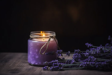 Spa still life with lavender candle and lavender flowers on wooden backgroundの素材