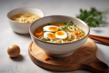 Japanese ramen soup with egg and noodles in bowl on white backgroundの素材