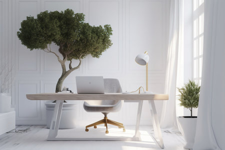 Workplace with a laptop and a tree. 3d rendering.の素材