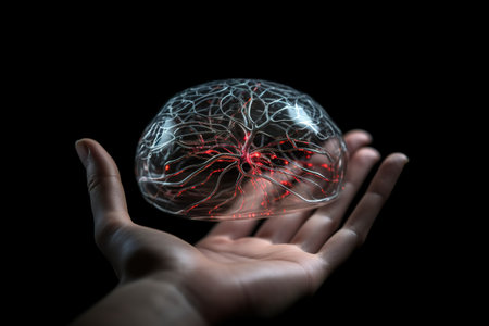 Human brain in hand on black background. 3d rendering. Computer digital drawing.の素材