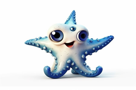 Cute blue starfish on a white background. 3d illustrationの素材