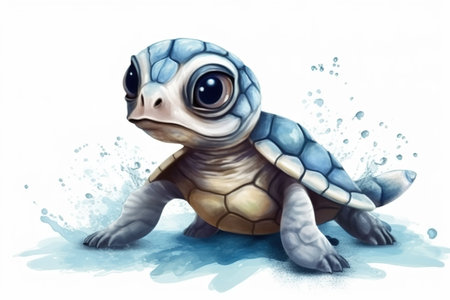 Cute baby turtle swimming in the water. Watercolor illustration.の素材