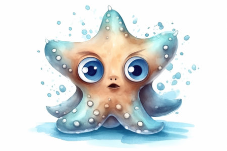 watercolor illustration of a cute blue octopus on a white backgroundの素材