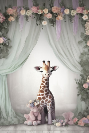 cute giraffe in the room with flowers and fabric background.の素材