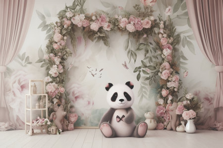 Cute panda bear doll with flower decoration on wall background.の素材