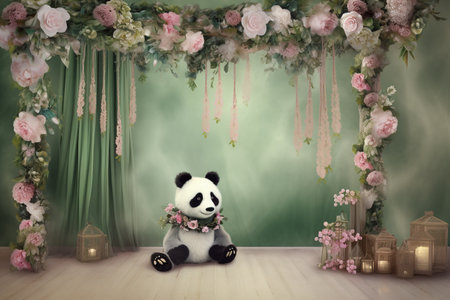 Cute panda sitting on the floor in the room decorated with flowersの素材