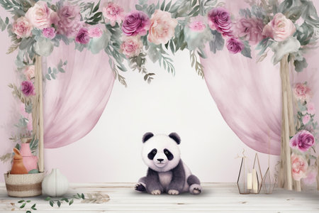 Cute panda sitting in the room decorated with flowers. 3d renderingの素材