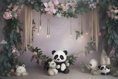 Cute panda bear doll with flower decoration on the wall.の素材