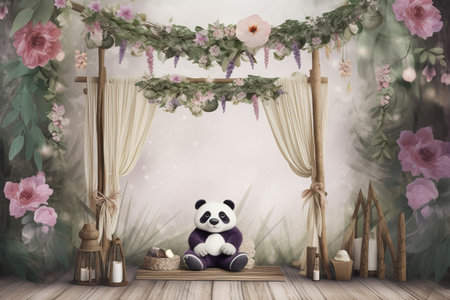 Panda sitting in a wooden canopy with flowers. 3d renderingの素材