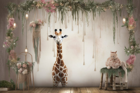 giraffe in a room decorated with flowers. 3d renderingの素材
