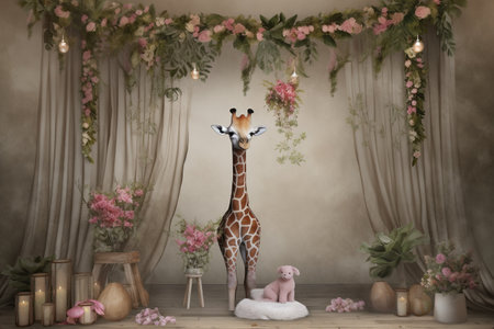 Giraffe in the room decorated with flowers. 3d renderingの素材