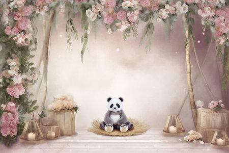 Panda bear sitting in a nest with flowers. 3d renderingの素材