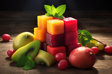 Fruit cube on wooden table. Fruit cube with fresh fruits.の素材