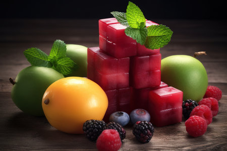 Watermelon slices with fresh berries and mint on wooden table, closeupの素材