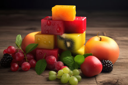 Fruit cube on a wooden table. Fruit cubes on a wooden background.の素材