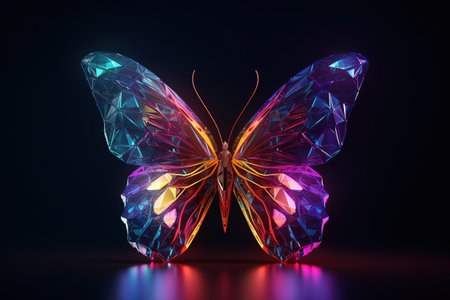 3d rendering of crystal butterfly isolated on black background with bright lightの素材