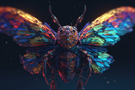 3d illustration of a flying butterfly with colorful wings on dark backgroundの素材