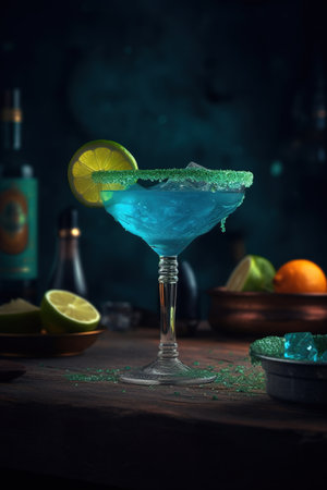 Blue cocktail in martini glass with ice and lime on dark backgroundの素材