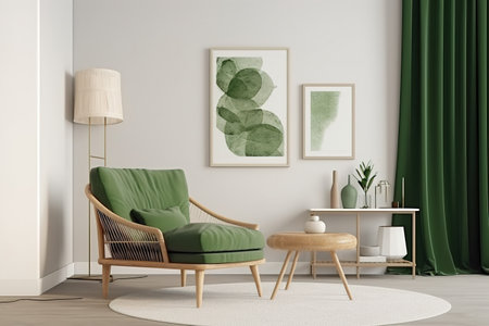 Interior of modern living room with green armchair, coffee table and posters. 3d renderの素材