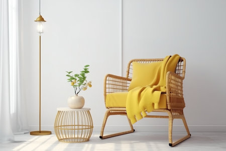 Interior of modern living room with wicker armchair and lampの素材