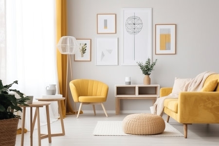Interior of modern living room with yellow armchair and yellow sofaの素材