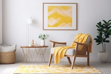 Interior of modern living room with armchair, coffee table and yellow poster on wallの素材