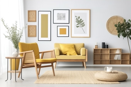Modern living room interior with yellow sofa, coffee table and pictures on the wallの素材