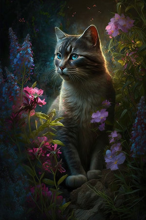 Cat in the garden. Digital painting of a cat with flowers.の素材