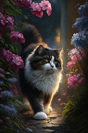 Beautiful long-haired cat on a background of pink flowers.の素材