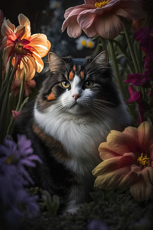 beautiful multicolored cat and flowers in the garden on a dark backgroundの素材