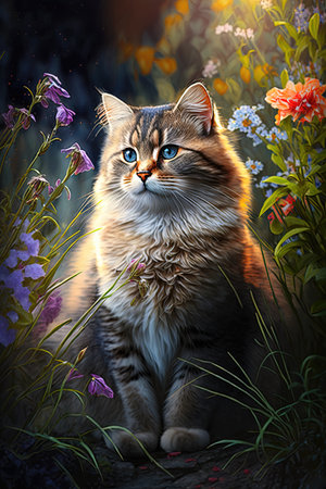 Siberian cat sitting in the grass with flowers. Digital painting.の素材