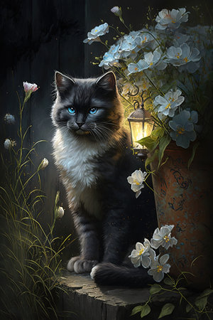 Cat sitting on a bench near a vase with flowers and a lanternの素材
