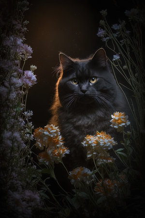 Beautiful black cat with flowers on a dark background. Toned.の素材