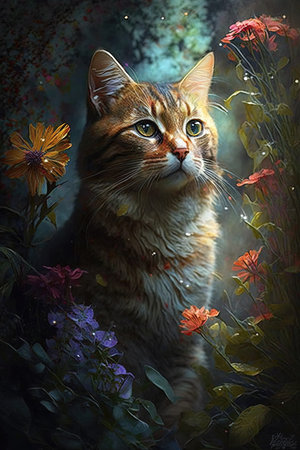 Portrait of a red-haired cat with flowers. Digital painting.の素材