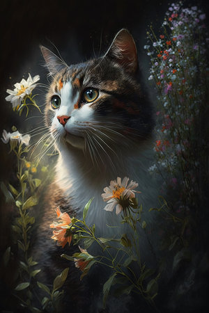 beautiful cat with flowers in the garden on a dark background.の素材